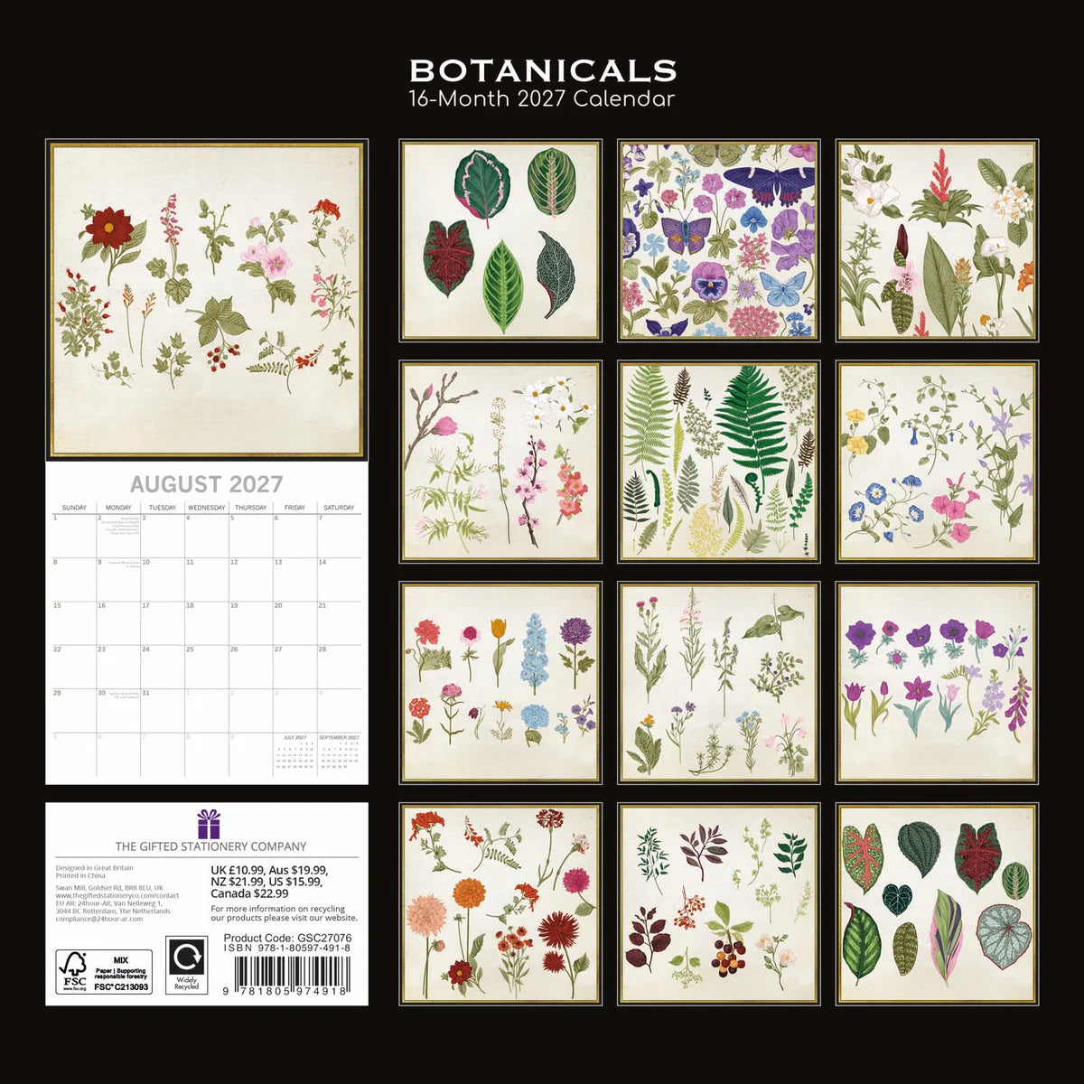 Botanicals 2027 Calendar – back cover showing all 16 monthly botanical thumbnails