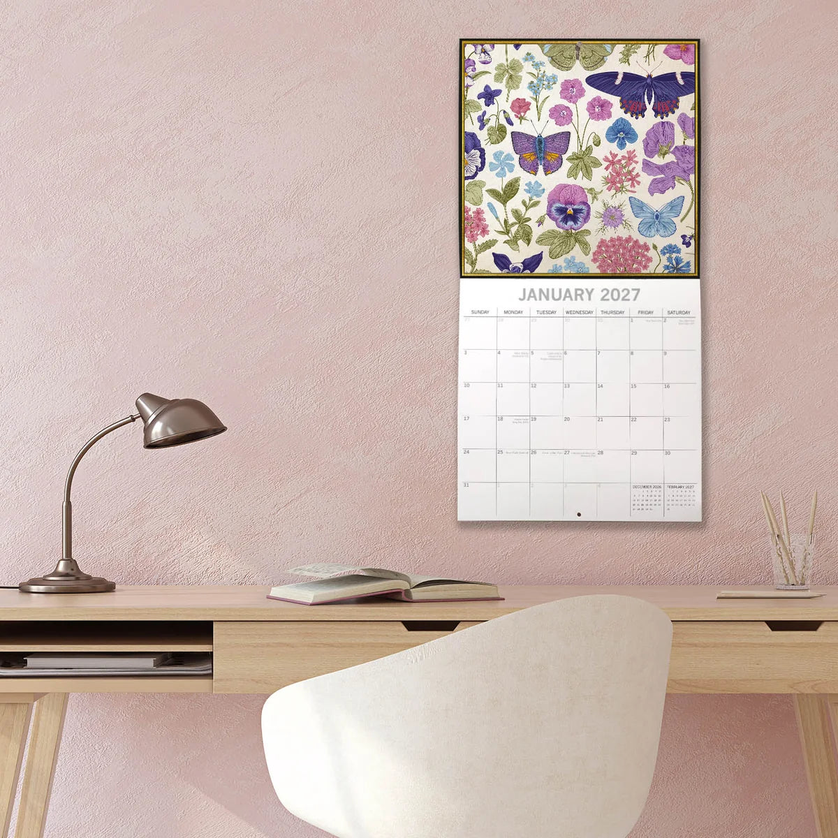 Botanicals 2027 Calendar – January 2027 lifestyle shot displayed on wall above desk