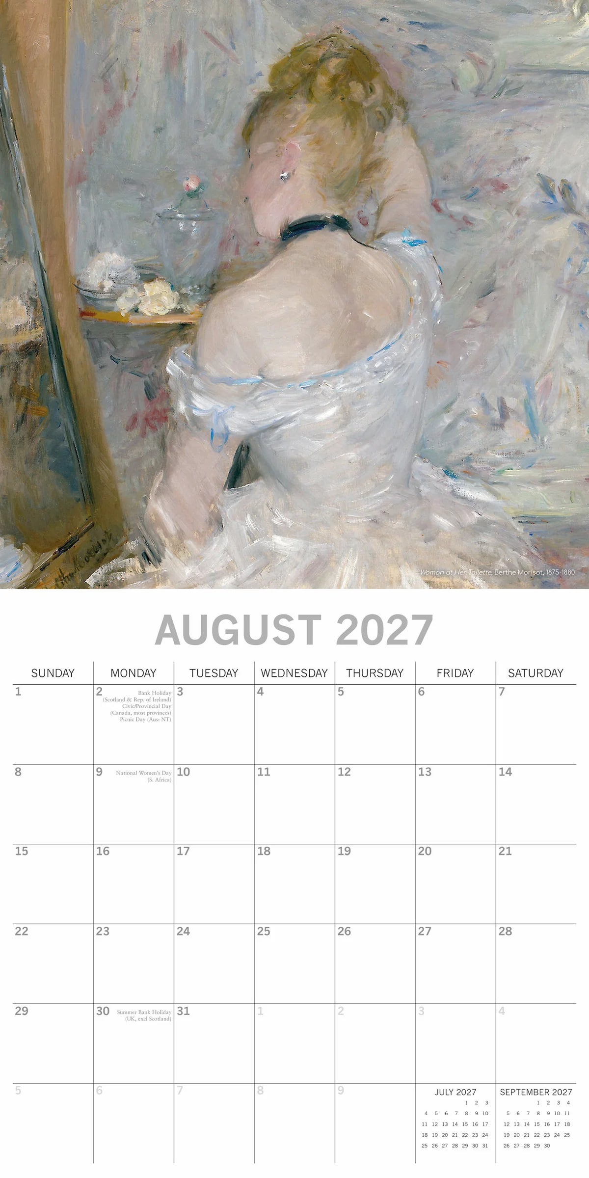 Impressionists 2027 Calendar - August 2027 page featuring Morisot's Woman at Her Toilette showing a woman in white dress seated at dressing table in soft Impressionist style