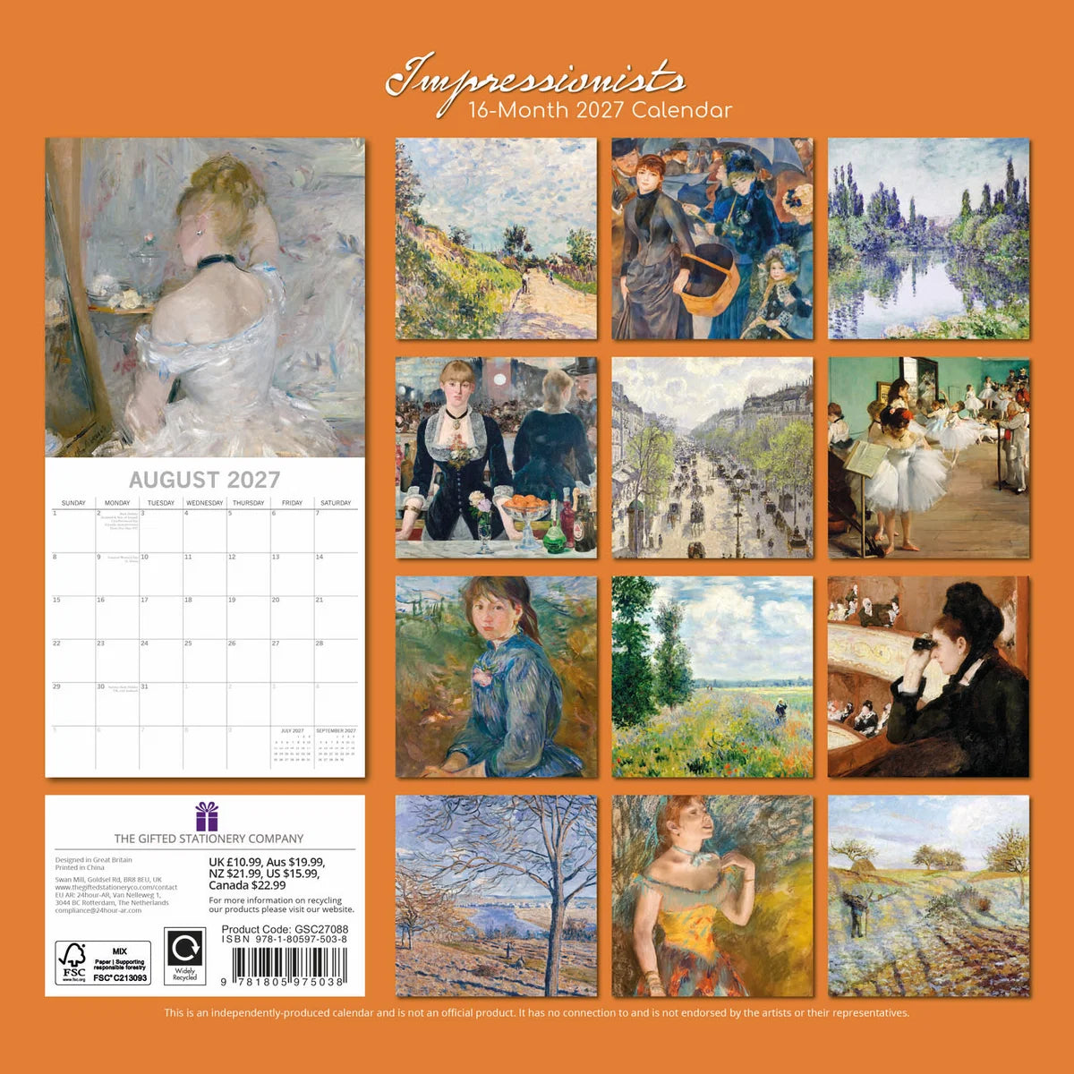 Impressionists 2027 Calendar - back cover on orange background showing all 13 monthly Impressionist masterworks including Renoir, Degas, Pissarro, Sisley and Morisot works, product code GSC27088, ISBN 9781805975038