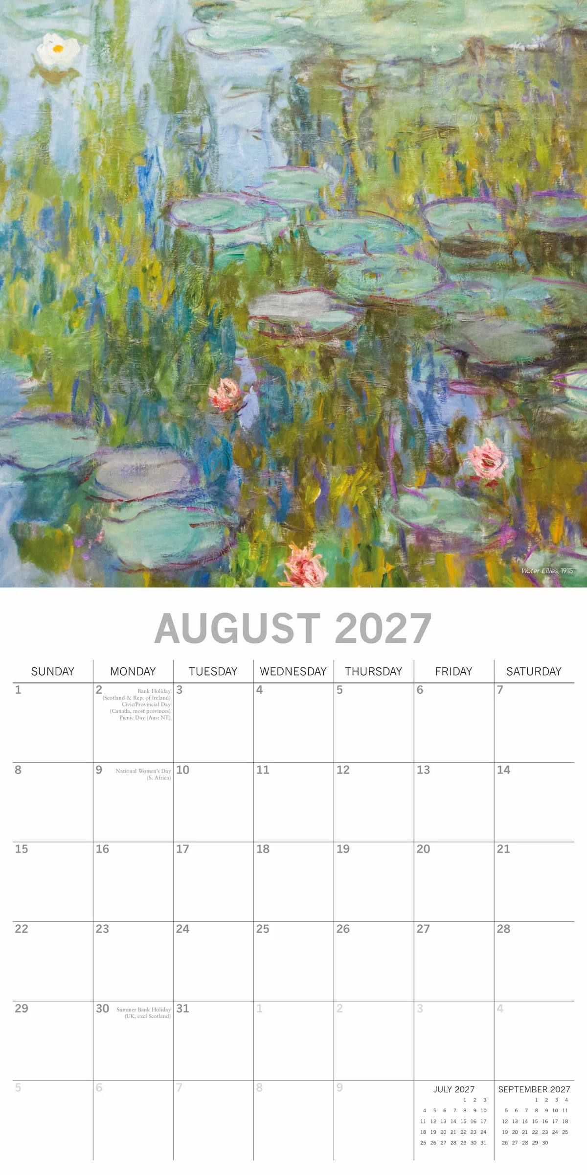 Monet 2027 Square Wall Calendar – August 2027 page featuring Water Lilies