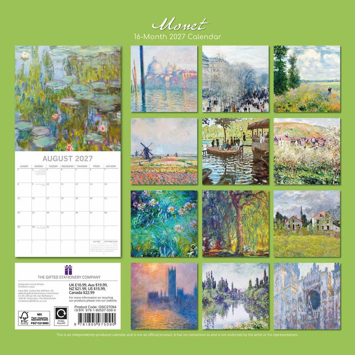 Monet 2027 Square Wall Calendar – back cover showing 12 monthly artwork previews