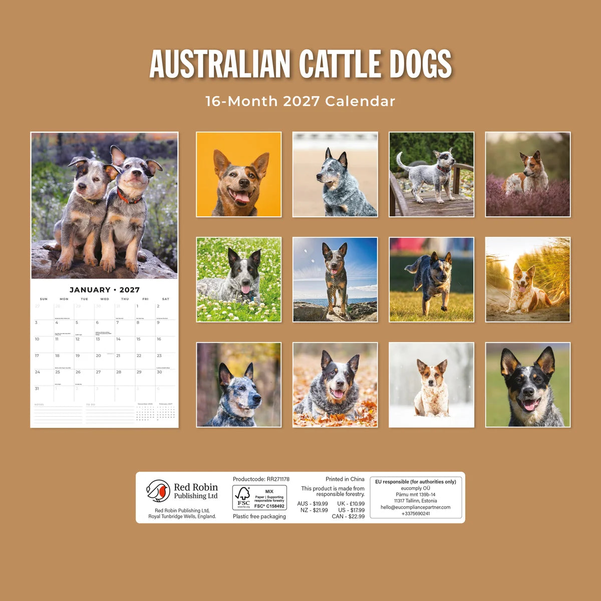 Australian Cattle Dogs 2027 Calendar - Back cover showing 16 monthly dog photos and product details