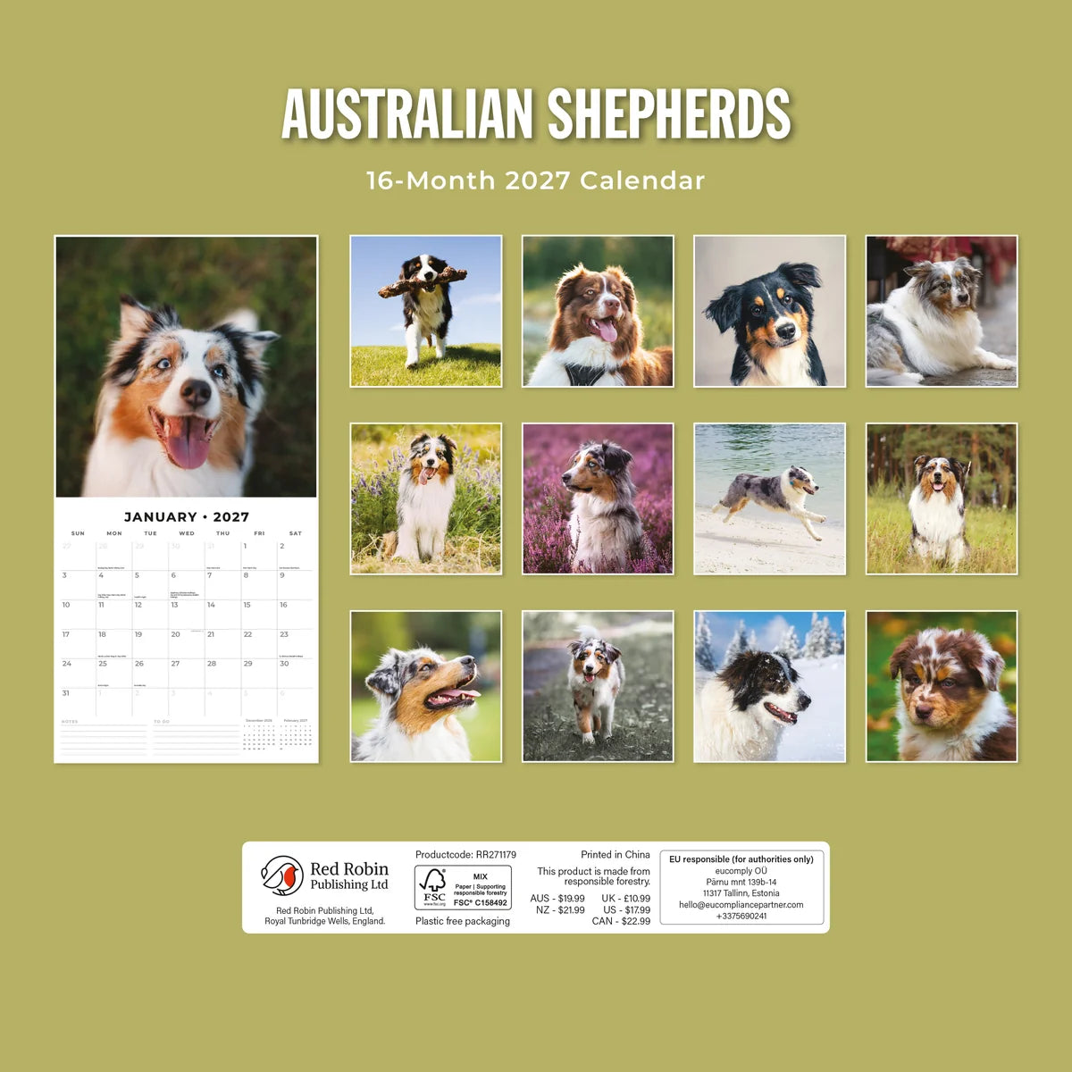 Australian Shepherds 2027 Calendar - Back cover showing all 16 monthly photos and pricing