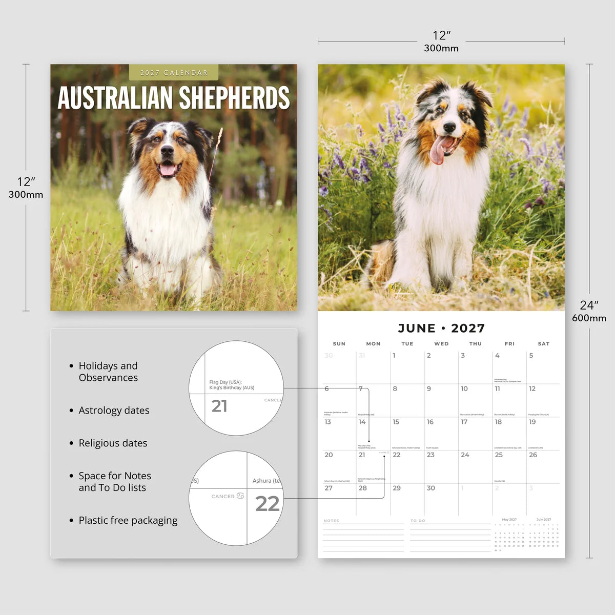 Australian Shepherds 2027 Calendar - Size specifications showing 30x30cm closed and 30x60cm open