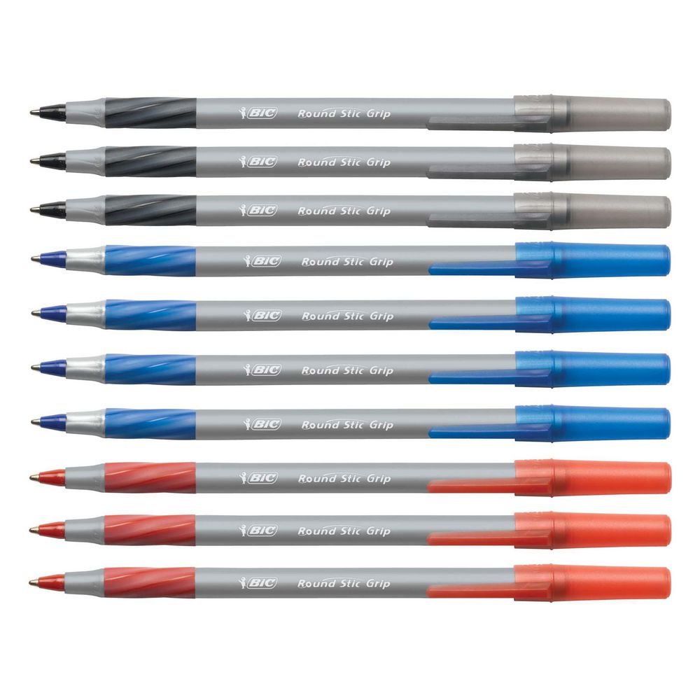 BIC Round Stic Comfort Grip Ballpoint Pens 10 Pack (3 Black, 4 Blue, 2 Red)