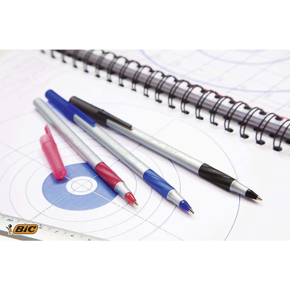 BIC Round Stic Comfort Grip Ballpoint Pens 10 Pack (3 Black, 4 Blue, 2 Red)