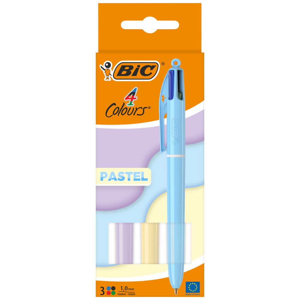 BIC 4 Colours Pastel Ballpoint Pen 3 Pack - Red, Blue, Green & Black Ink