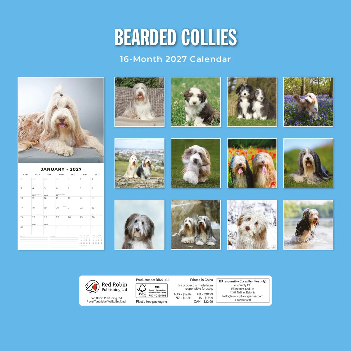Bearded Collies 2027 Calendar - Back cover showing all 16 monthly photos and pricing on blue background, product code RR271182