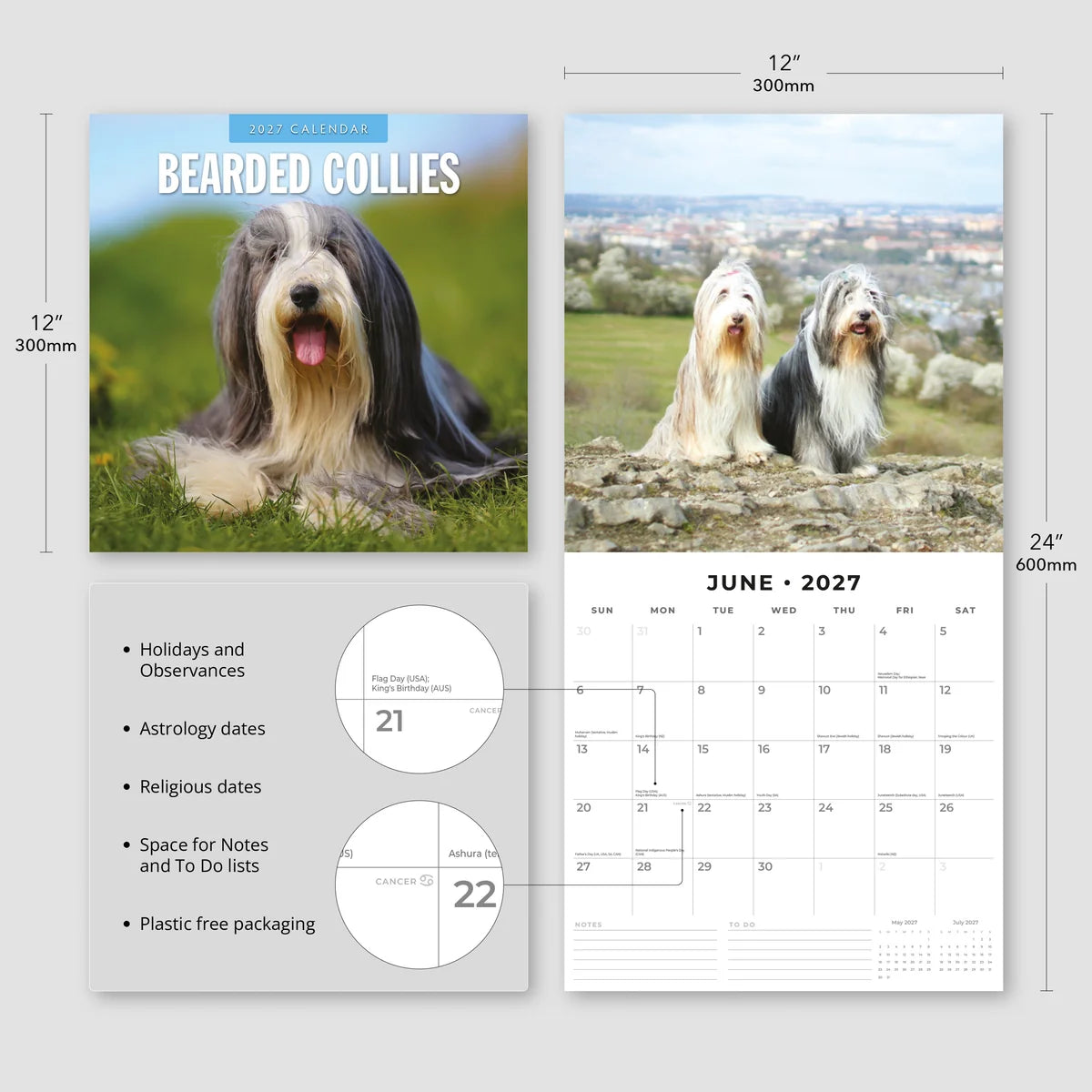 Bearded Collies 2027 Calendar - Size specifications showing 30x30cm closed and 30x60cm open with feature highlights