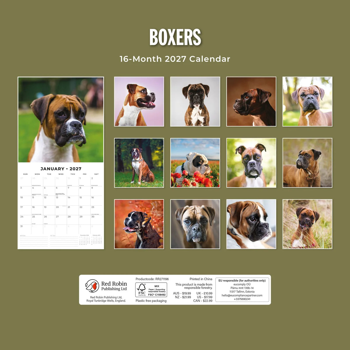 Boxers 2027 Calendar - Back cover showing all 16 monthly Boxer photos on olive green background, product code RR271196