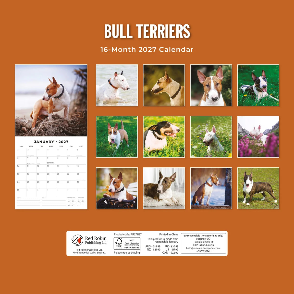 Bull Terriers 2027 Calendar - Back cover showing all 16 monthly Bull Terrier photos on burnt orange background, product code RR271197, AUS $19.99