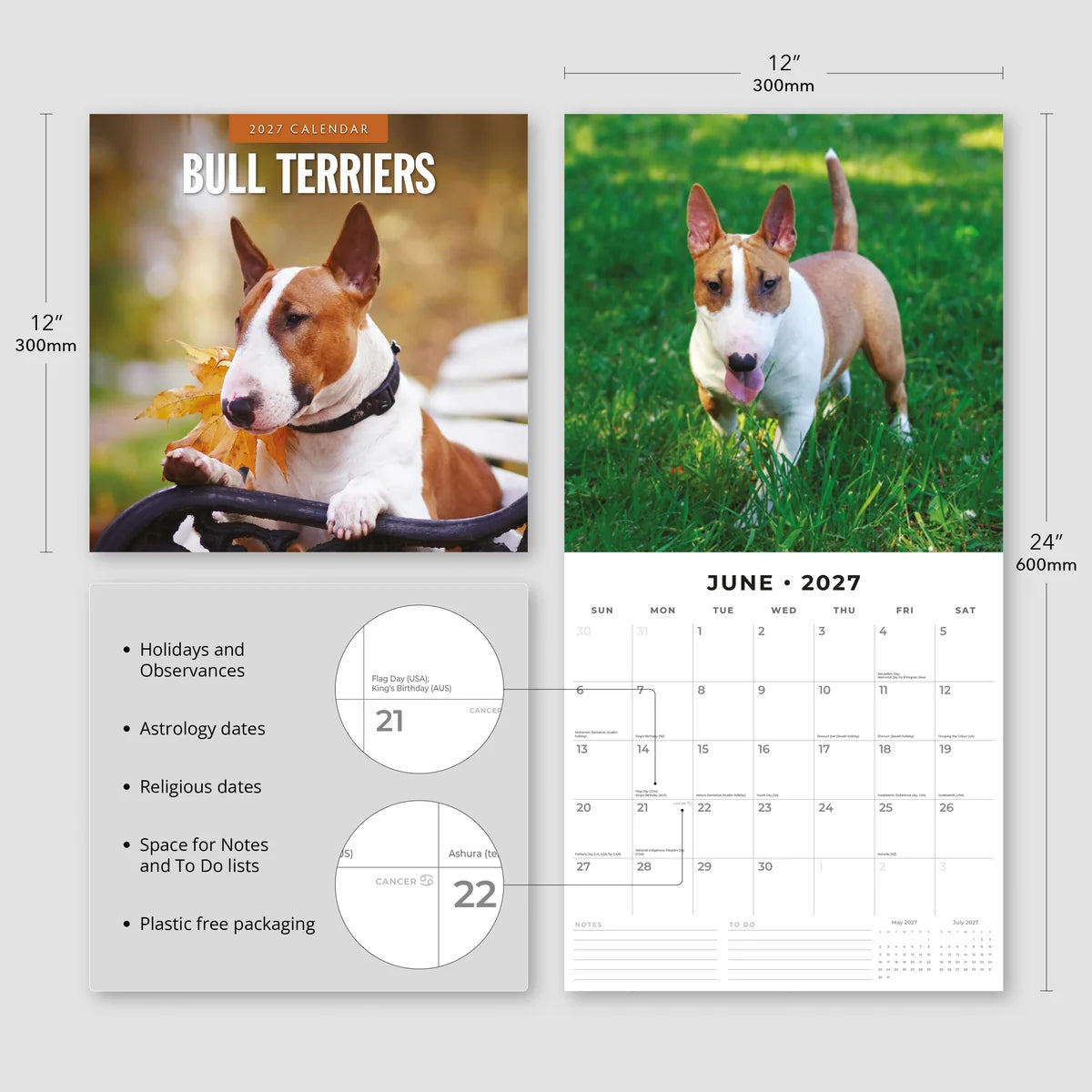 Bull Terriers 2027 Calendar - Size specifications showing 30x30cm closed and 30x60cm open with feature highlights including holidays, astrology dates and notes space