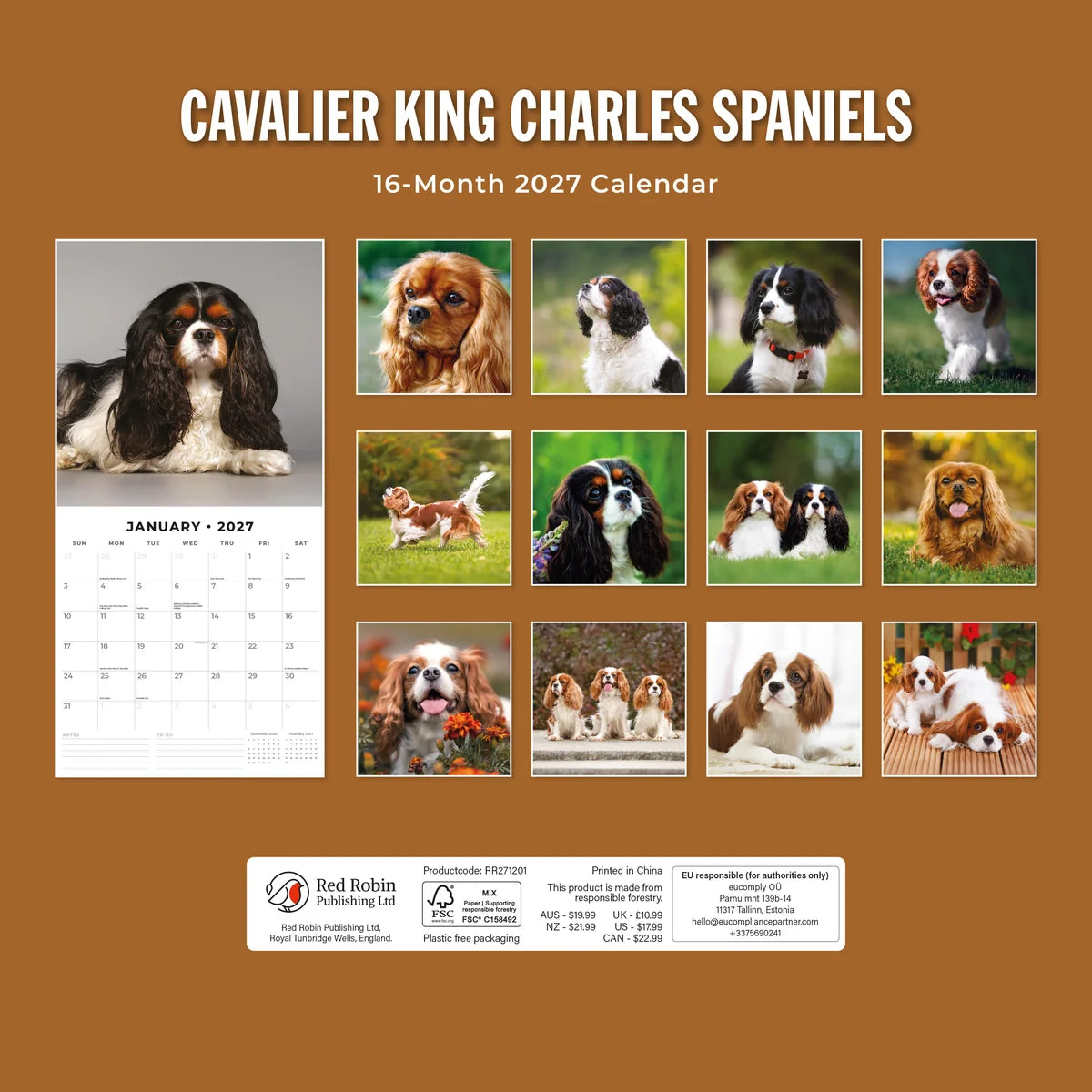 Cavalier King Charles Spaniels 2027 Calendar - Back cover showing all 16 monthly photos on brown background, product code RR271201, AUS $19.99