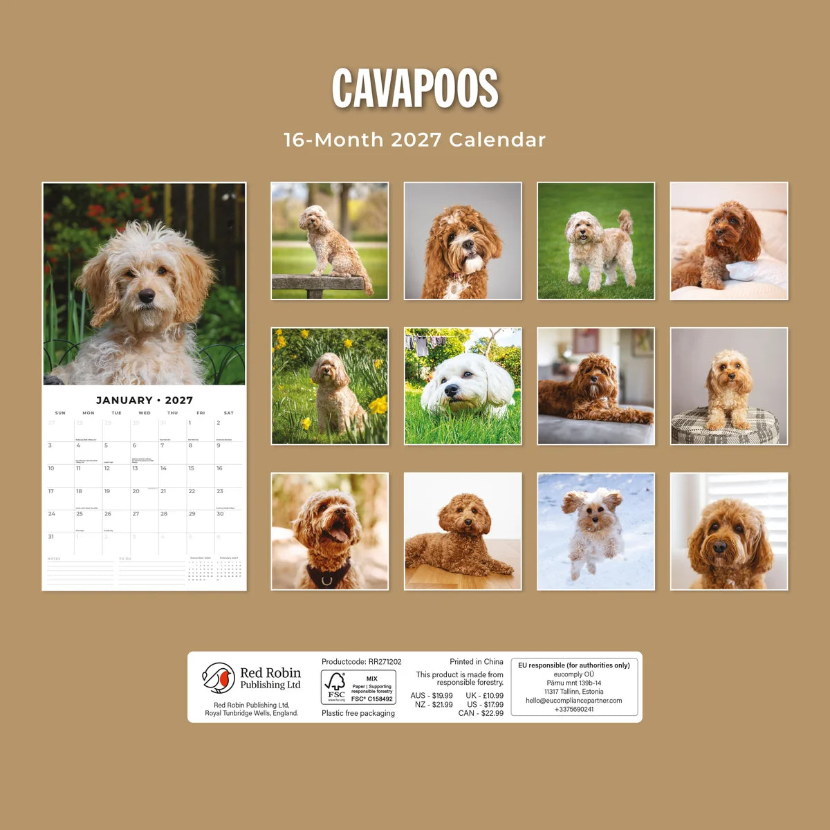 Cavapoos 2027 Calendar - Back cover showing all 16 monthly Cavapoo photos on tan background, product code RR271202, AUS $19.99
