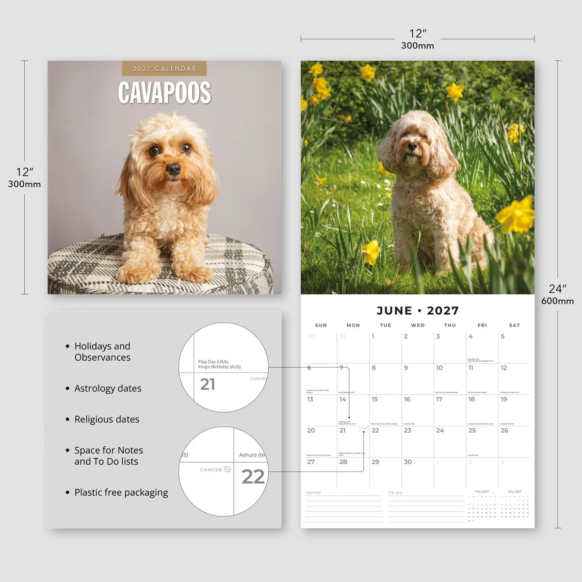 Cavapoos 2027 Calendar - Size specifications showing 30x30cm closed and 30x60cm open with feature highlights
