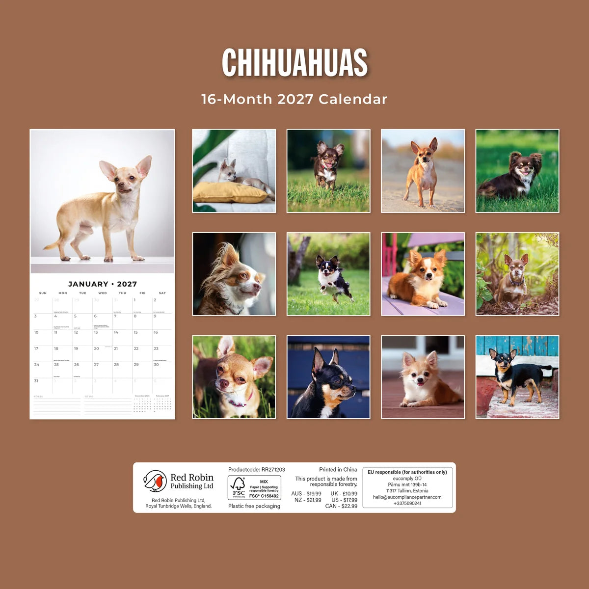 Chihuahuas 2027 Calendar - Back cover showing all 16 monthly Chihuahua photos on brown background, product code RR271203, AUS $19.99