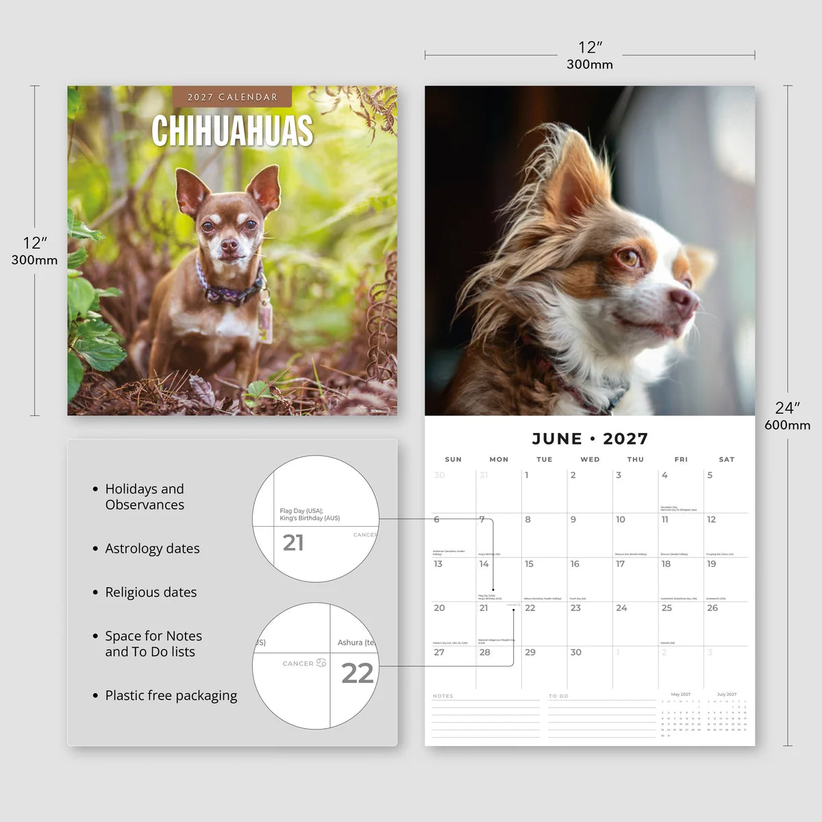 Chihuahuas 2027 Calendar - Size specifications showing 30x30cm closed and 30x60cm open with feature highlights