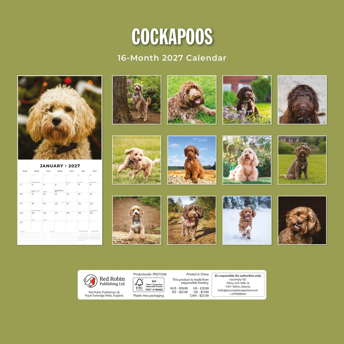 Cockapoos 2027 Calendar - Back cover showing all 16 monthly Cockapoo photos on olive green background, product code RR271206, AUS $19.99