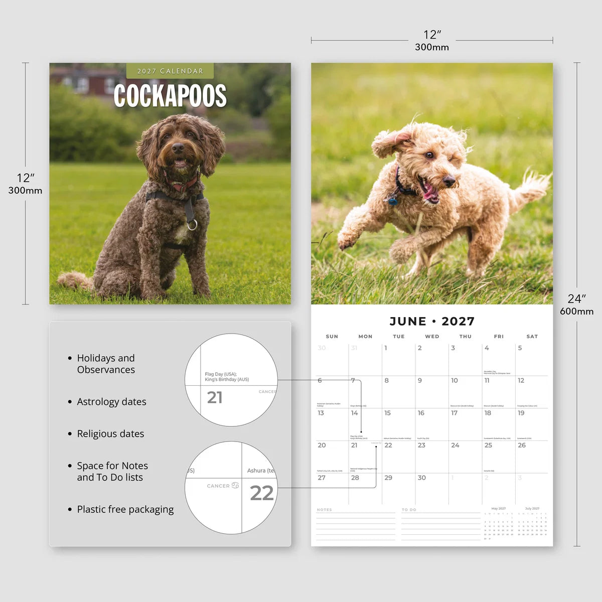 Cockapoos 2027 Calendar - Size specifications showing 30x30cm closed and 30x60cm open with feature highlights
