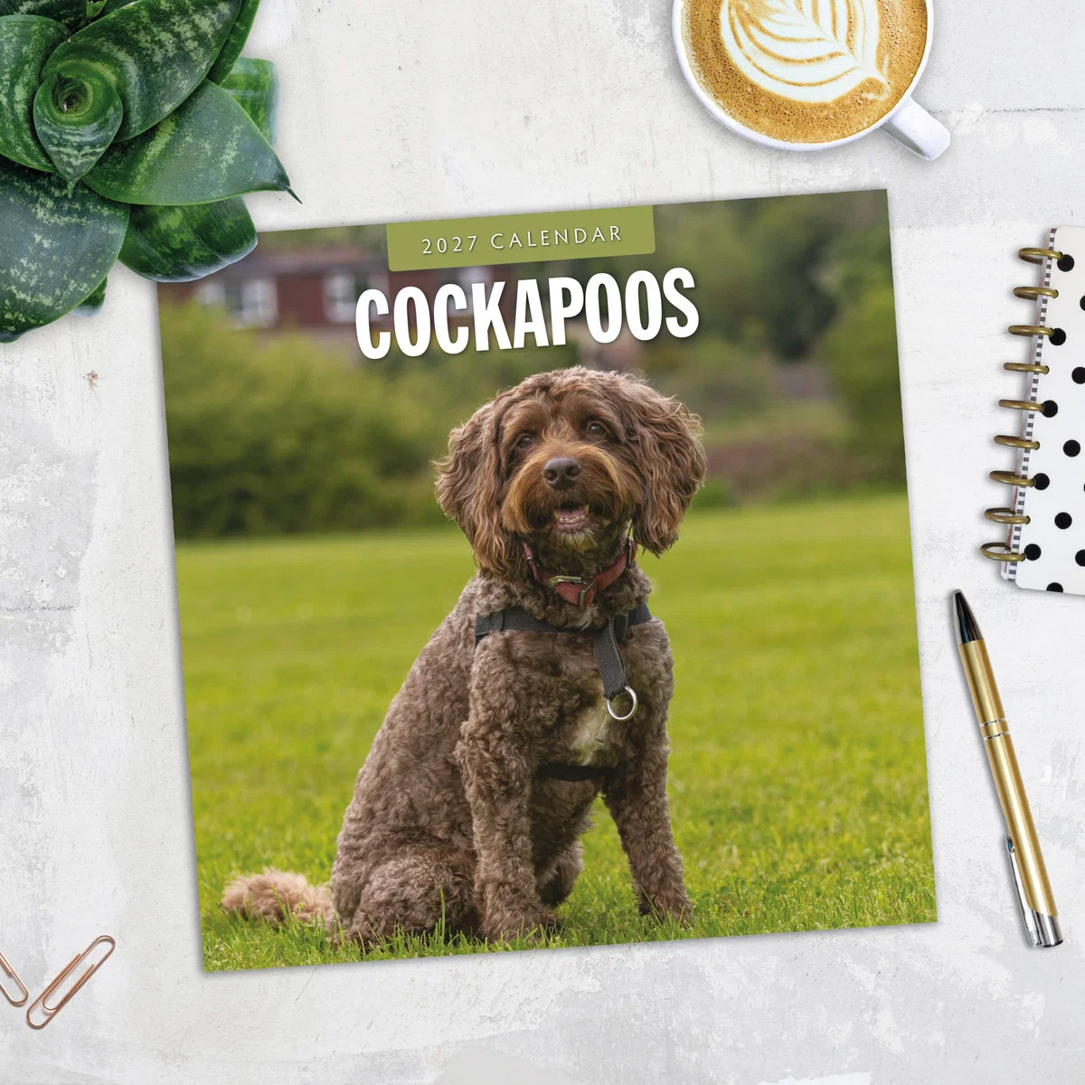 Cockapoos 2027 Square Wall Calendar - Lifestyle flat lay with coffee, succulent and stationery on marble surface
