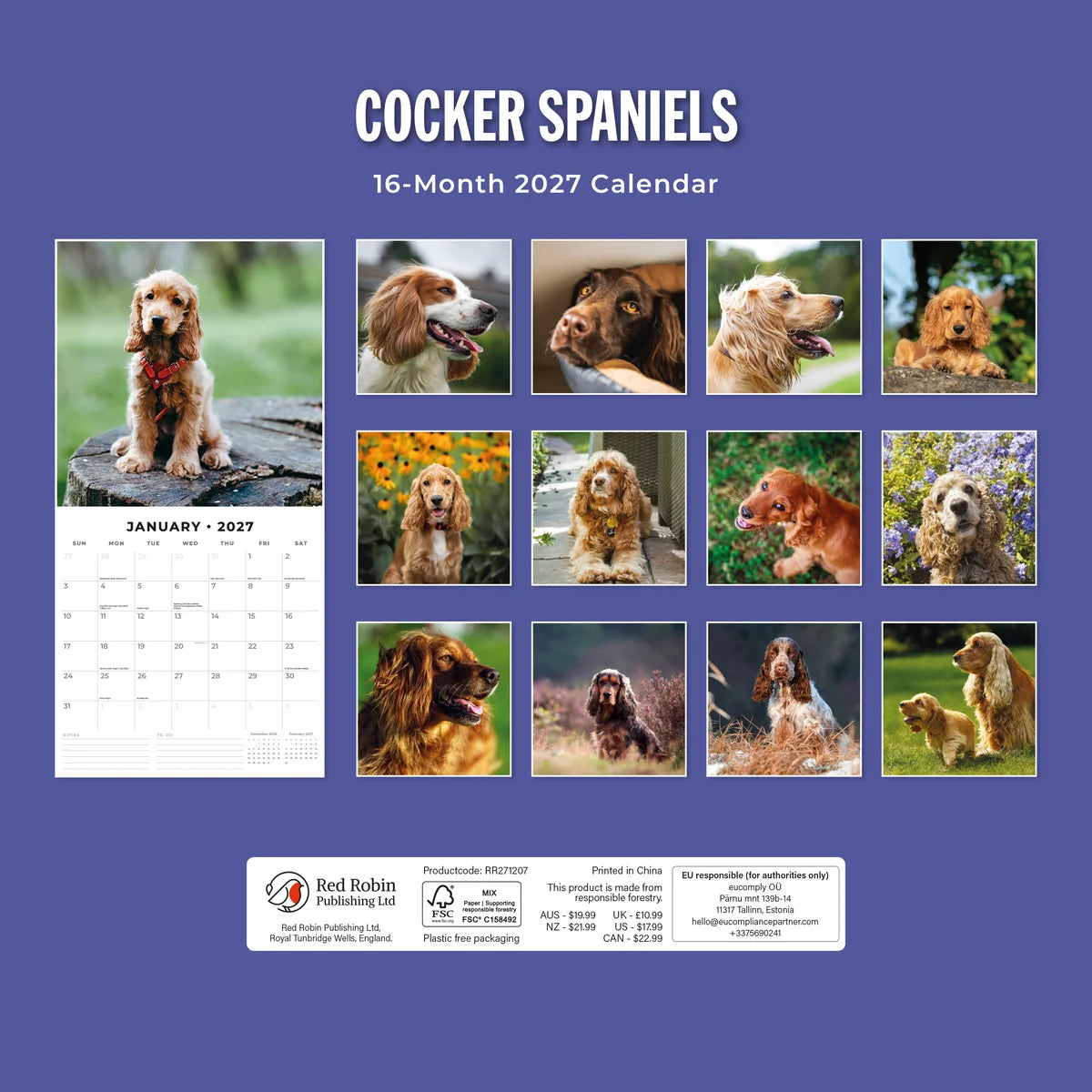 Cocker Spaniels 2027 Calendar - Back cover showing all 16 monthly Cocker Spaniel photos on blue-purple background, product code RR271207, AUS $19.99