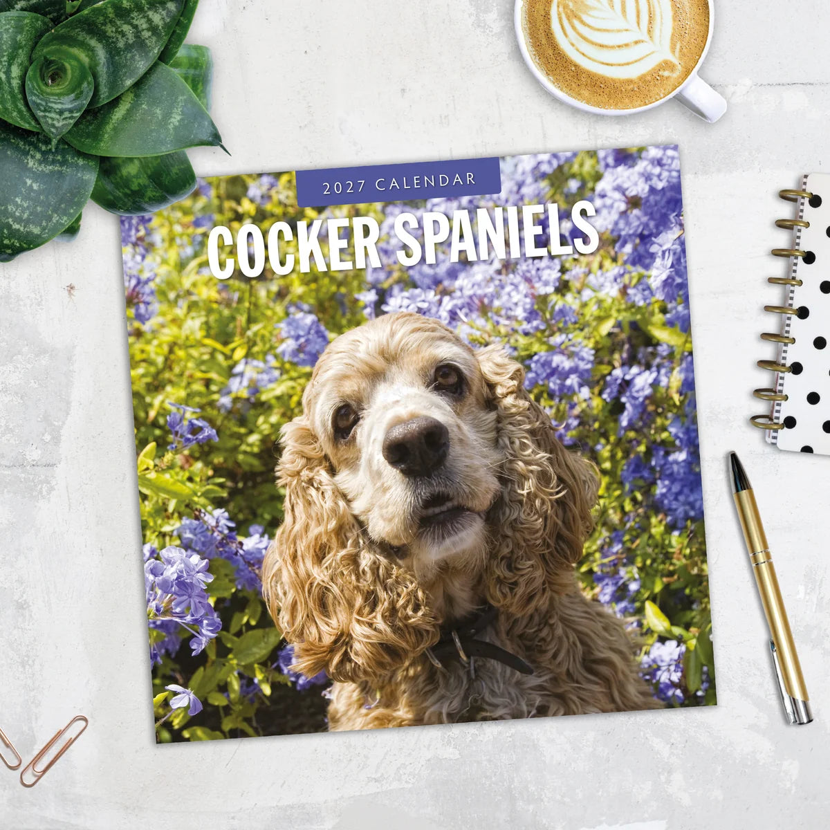 Cocker Spaniels 2027 Square Wall Calendar - Lifestyle flat lay with coffee, succulent and stationery on marble surface