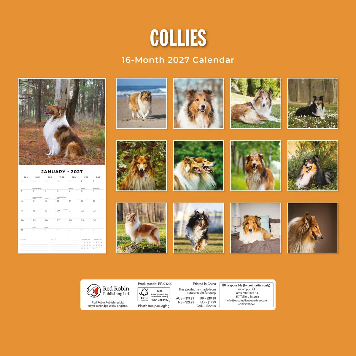 Collies 2027 Calendar - Back cover showing all 16 monthly Collie photos on orange background, product code RR271208, AUS $19.99