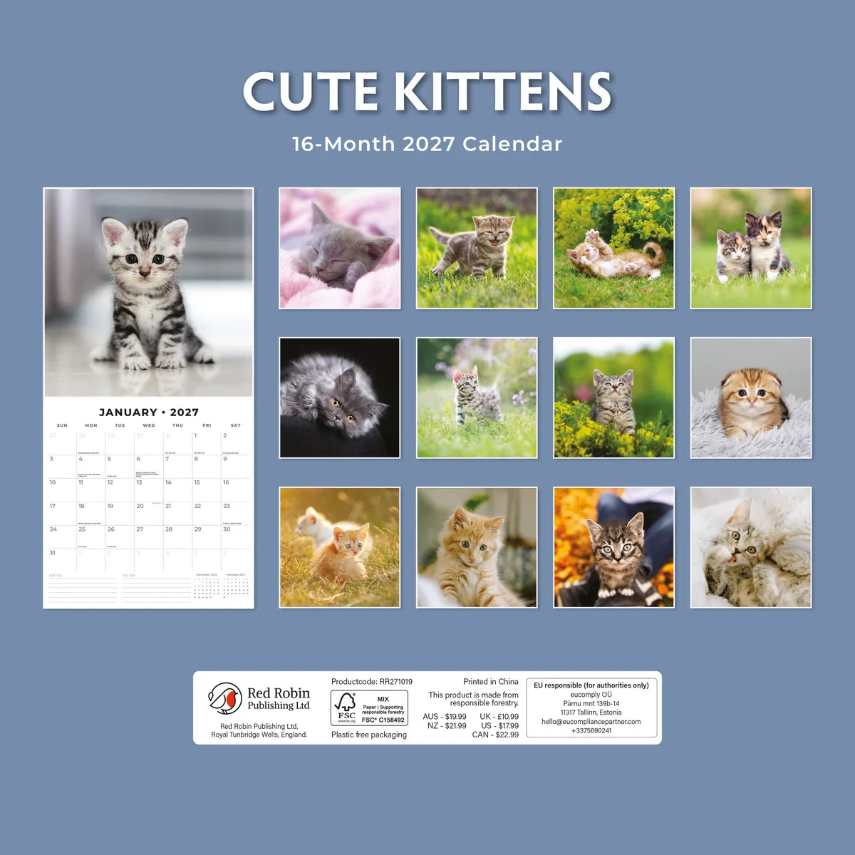 Cute Kittens 2027 Calendar – back cover showing all 16 monthly kitten photos and product details