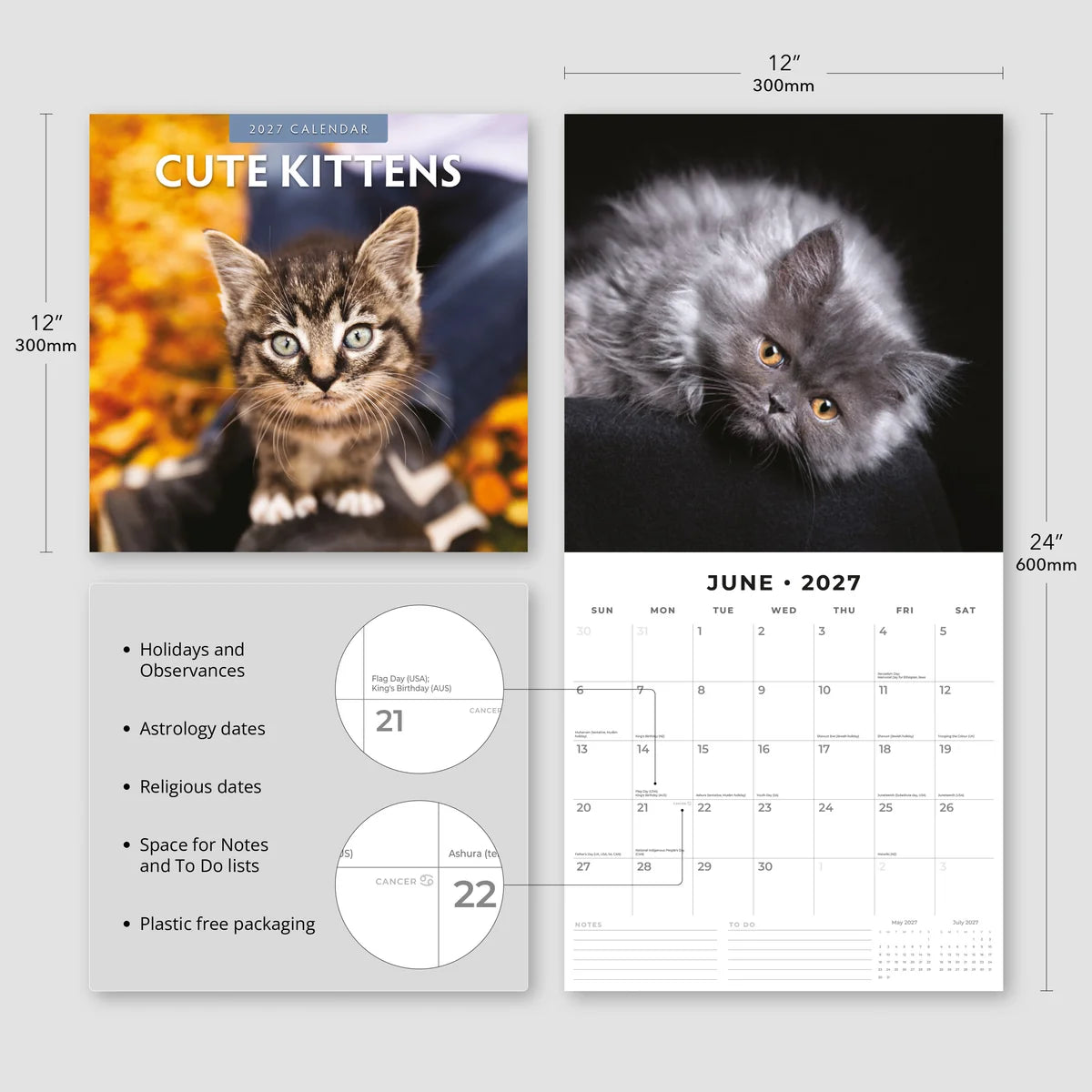 Cute Kittens 2027 Calendar – size specifications showing 12x12 inch closed and 12x24 inch open with feature highlights