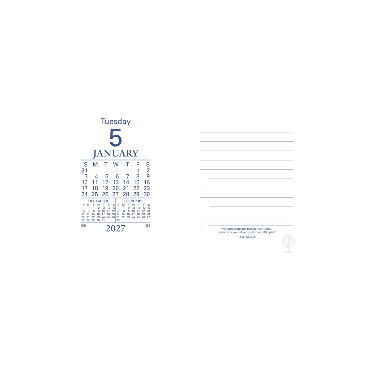 Open Collins 2027 desk calendar refill showing dated day-to-a-page sheets with notes and quotations