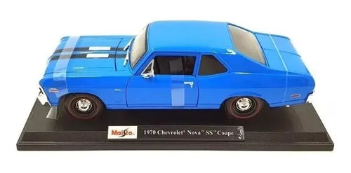 Maisto 1:18 1970 Chevrolet Nova SS Coupe blue diecast model front three-quarter view