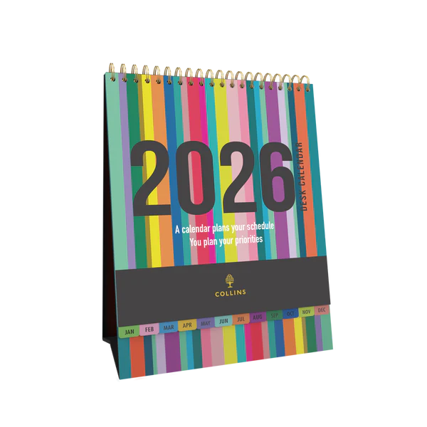 Collins Edge Rainbow Desktop Calendar Year 2026 Diary/Planner – Month to View – Wiro Bound