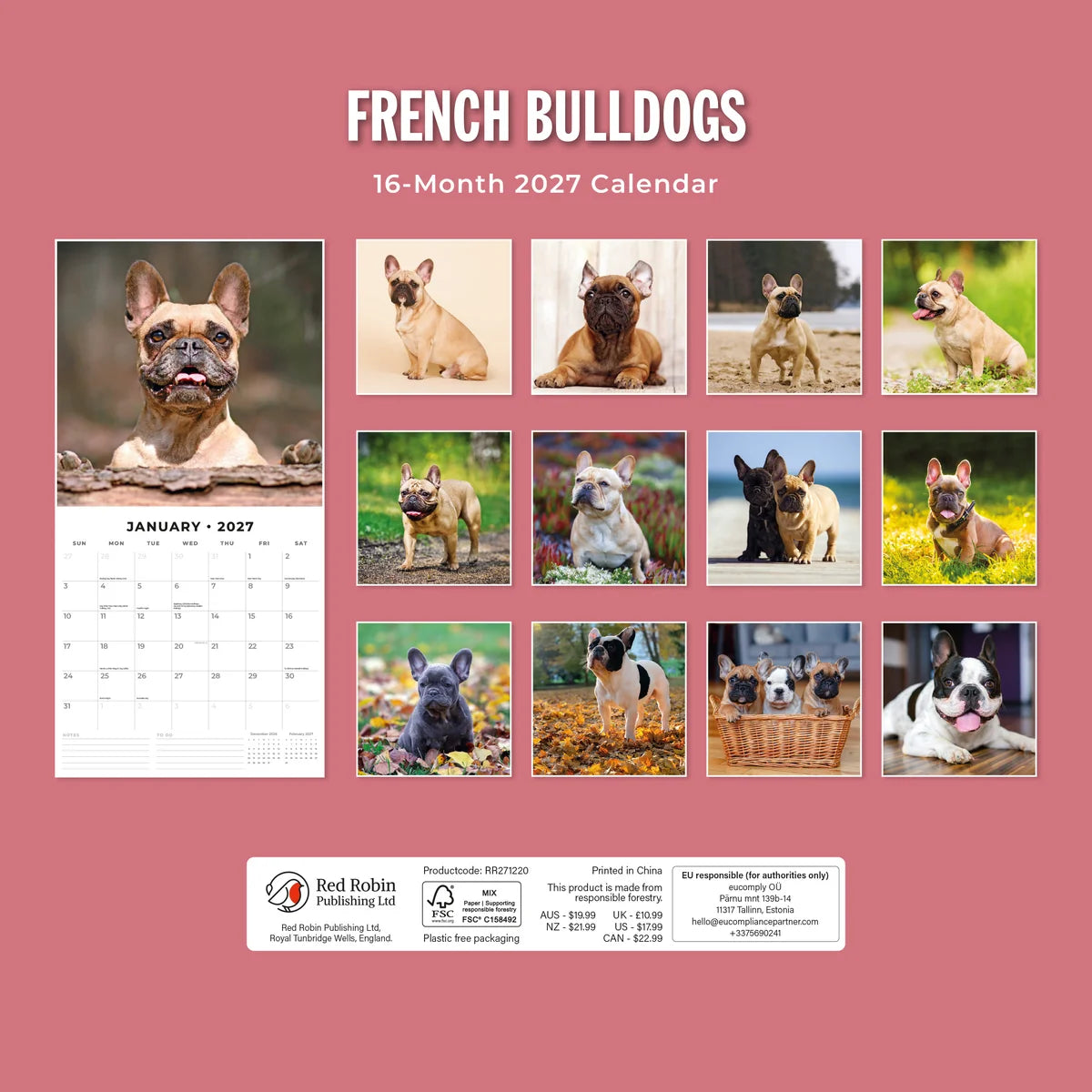 French Bulldogs 2027 Calendar - Back cover showing all 16 monthly French Bulldog photos on pink background, product code RR271220, AUS $19.99