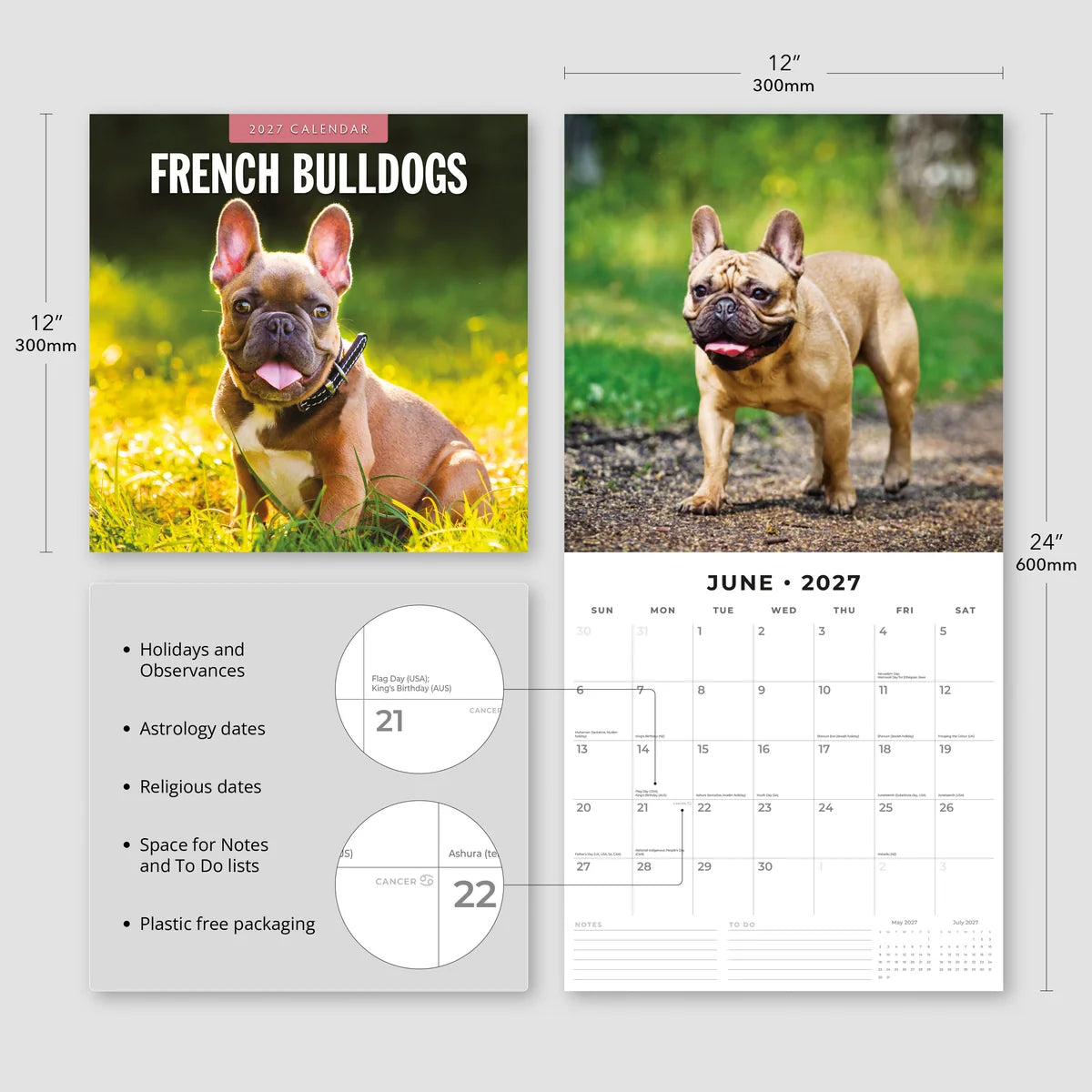 French Bulldogs 2027 Calendar - Size specifications showing 30x30cm closed and 30x60cm open with feature highlights