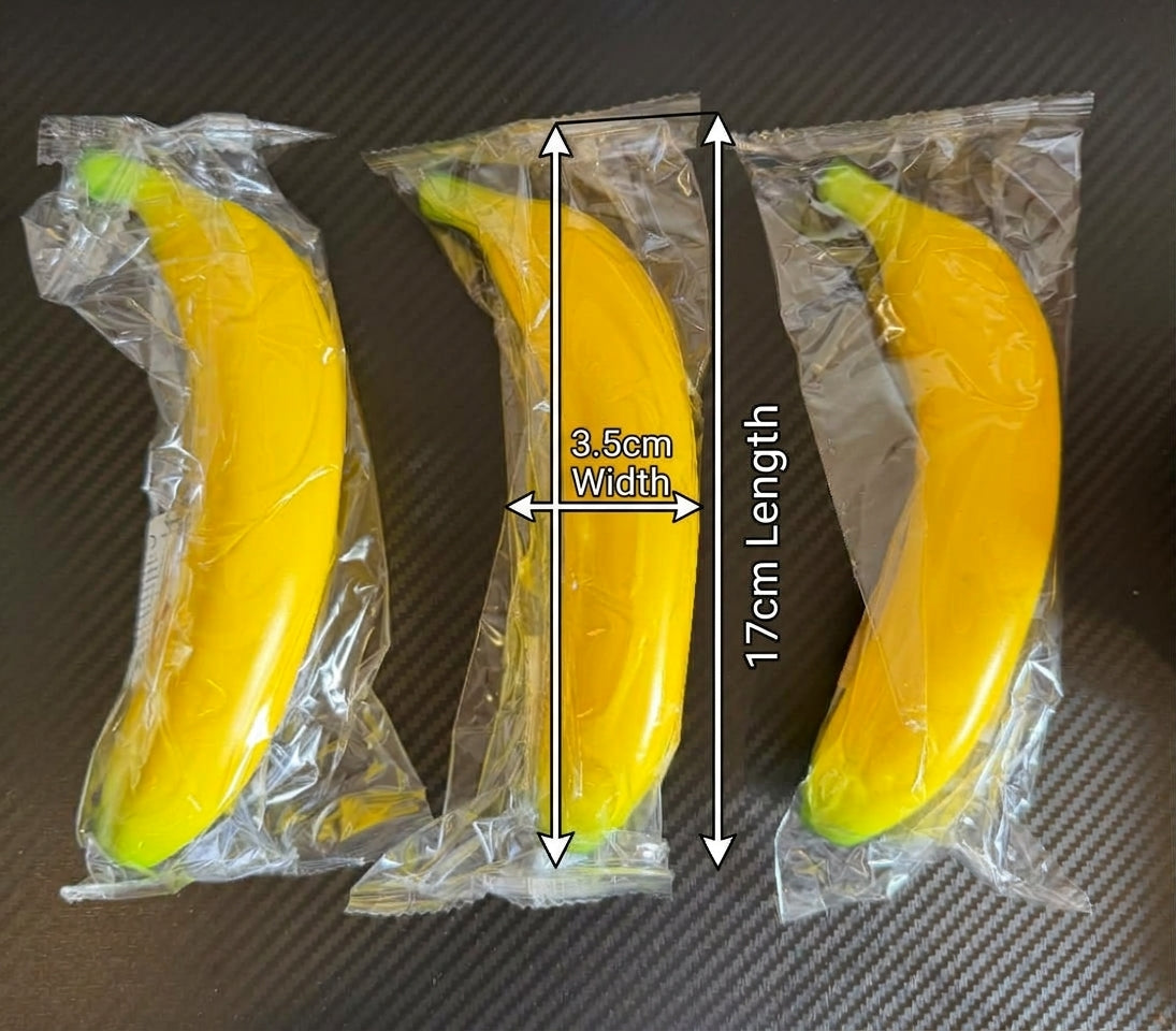 Three individually wrapped banana squishies with length and width measurements