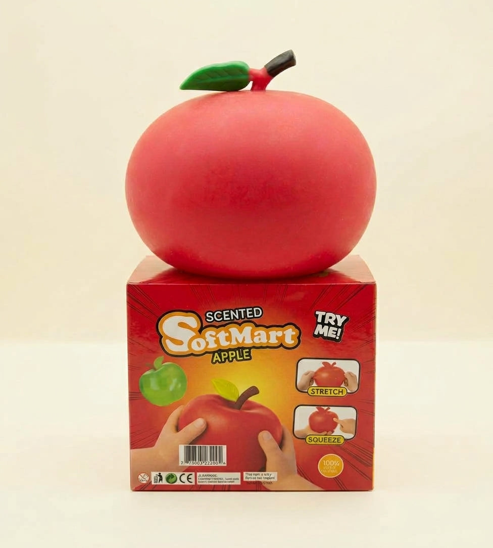Softmart scented apple squishy shown above the back of its retail box