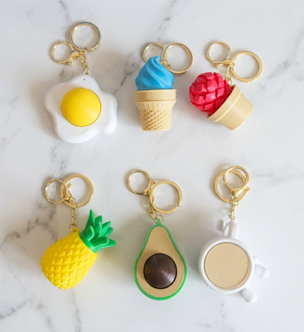 Fried egg clicker keychain with illustrated overall length of 9.5 cm
