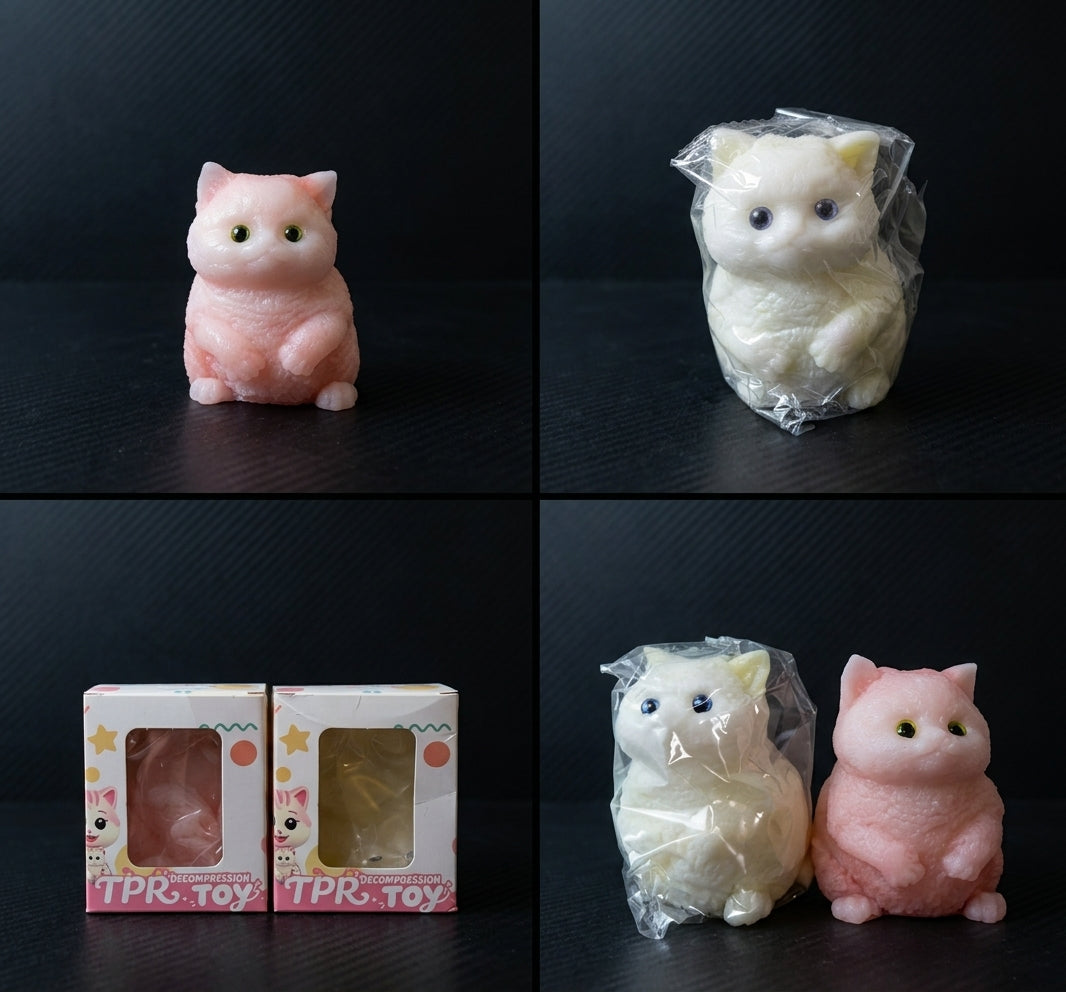 Pink and cream cat squishy toys shown with retail packaging