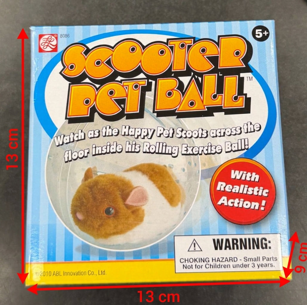 Scooter Pet Ball packaging with approximate dimensions 13 by 13 by 9 centimetres