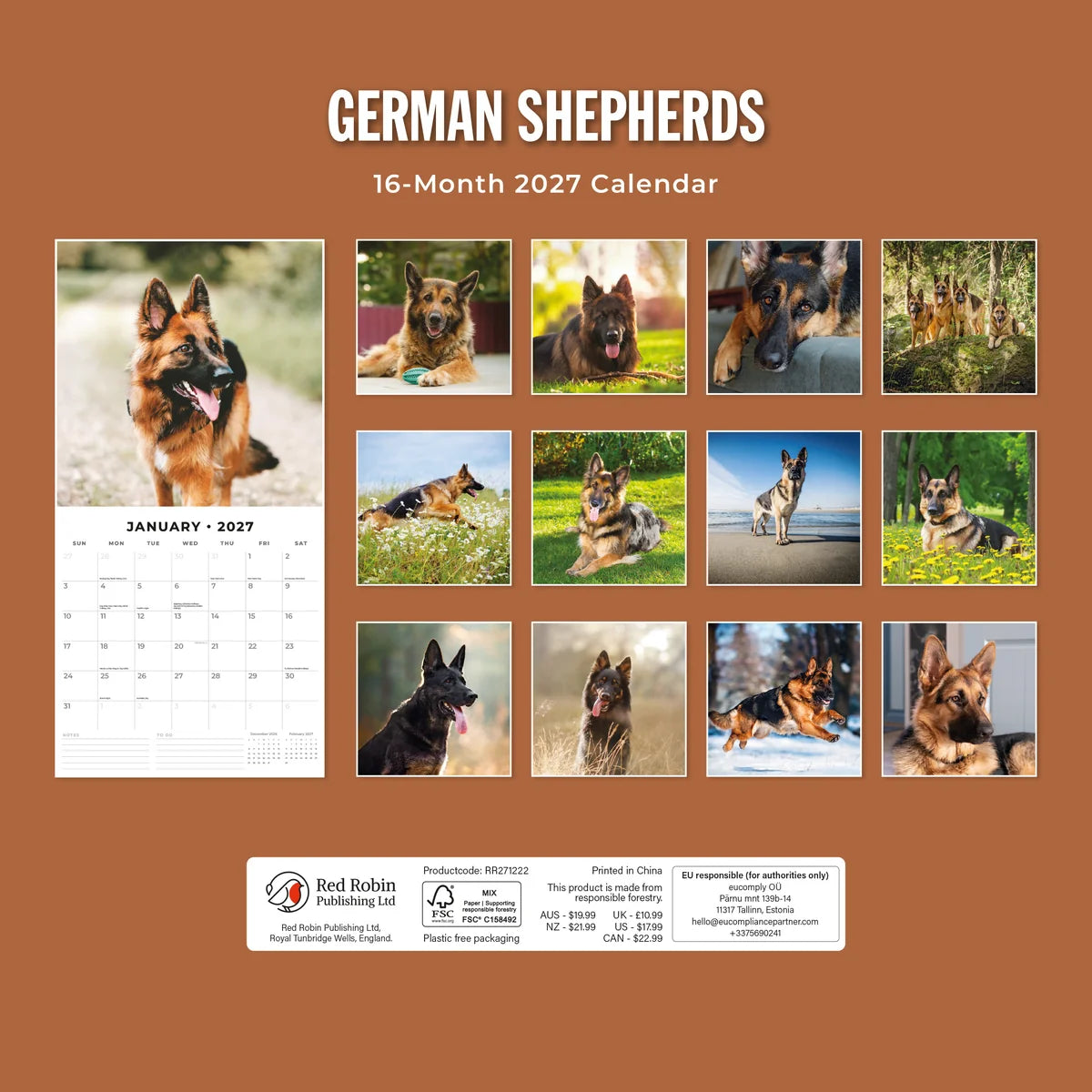 German Shepherds 2027 Calendar - Back cover showing all 16 monthly German Shepherd photos on brown background, product code RR271222, AUS $19.99