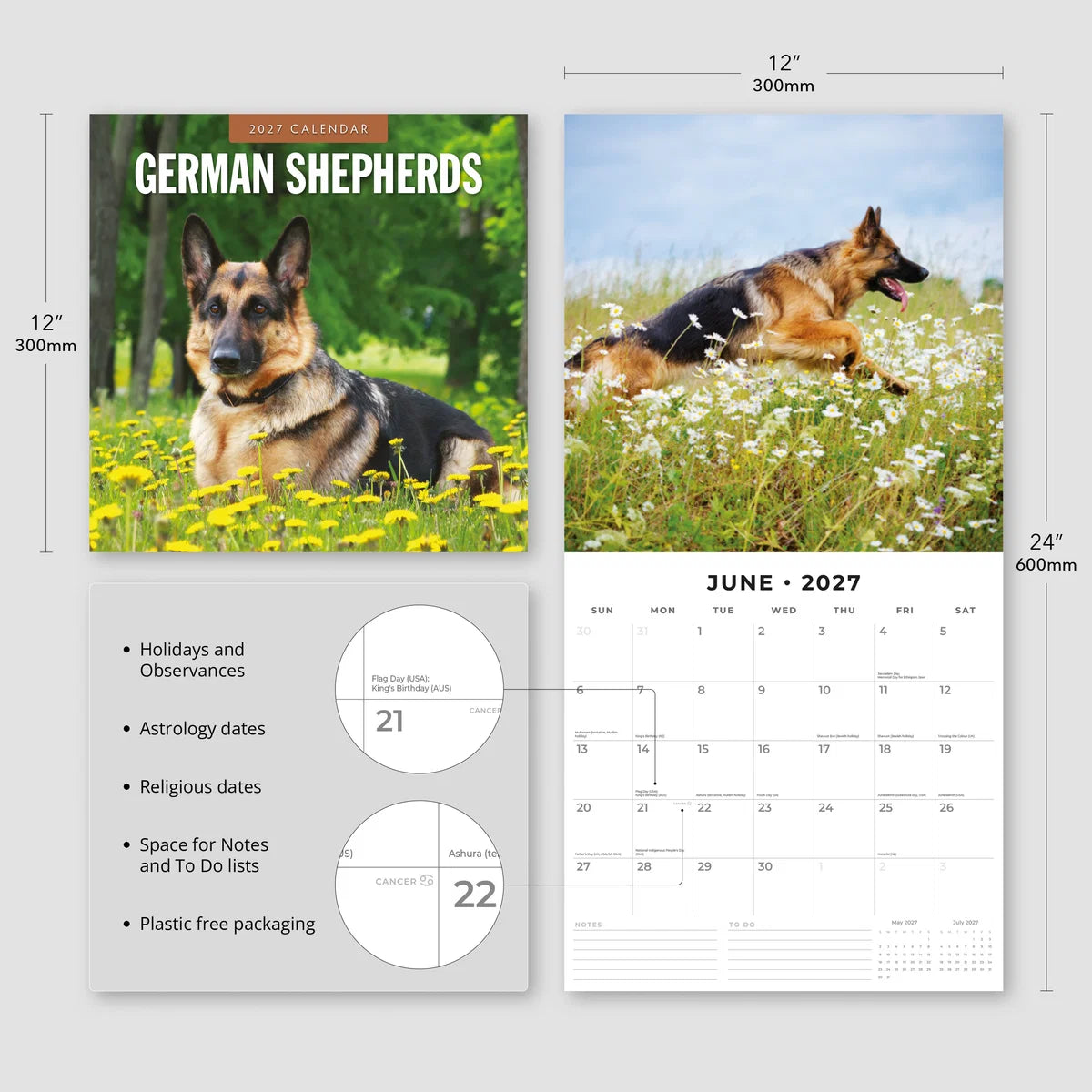 German Shepherds 2027 Calendar - Size specifications showing 30x30cm closed and 30x60cm open with feature highlights