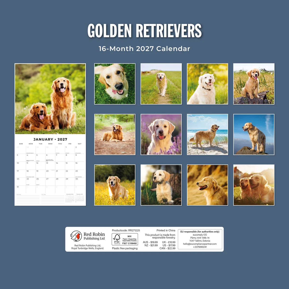 Golden Retrievers 2027 Calendar - Back cover showing all 16 monthly Golden Retriever photos on steel blue background, product code RR271225, AUS $19.99