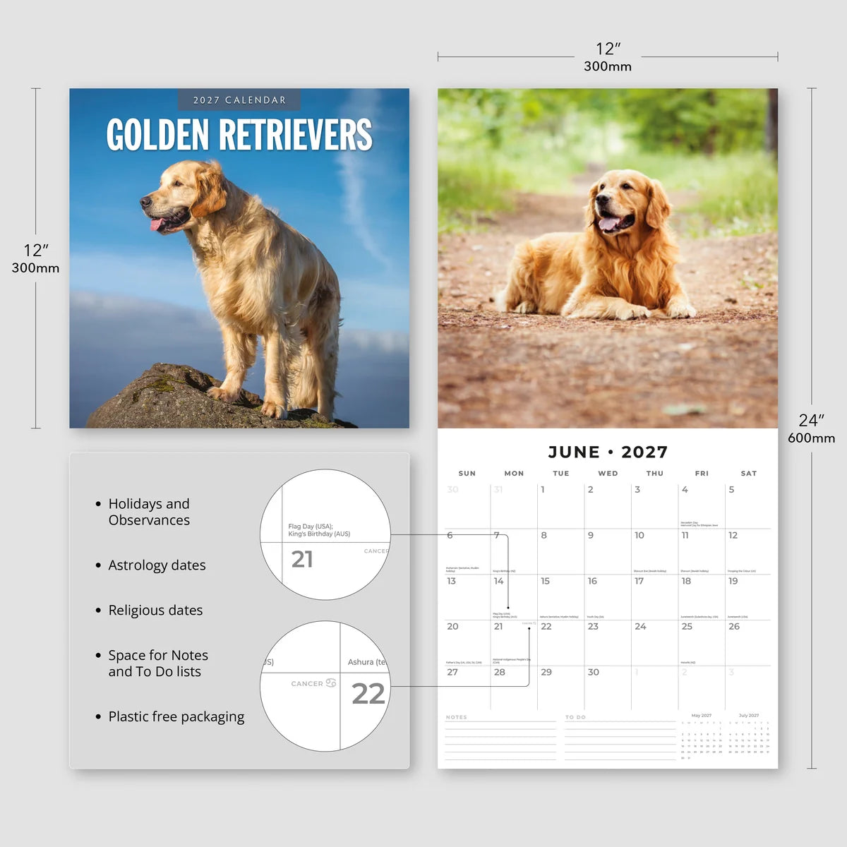 Golden Retrievers 2027 Calendar - Size specifications showing 30x30cm closed and 30x60cm open with feature highlights