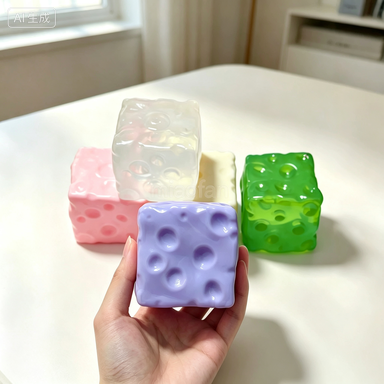 Yellow cheese cube squishy with cheese-hole texture
