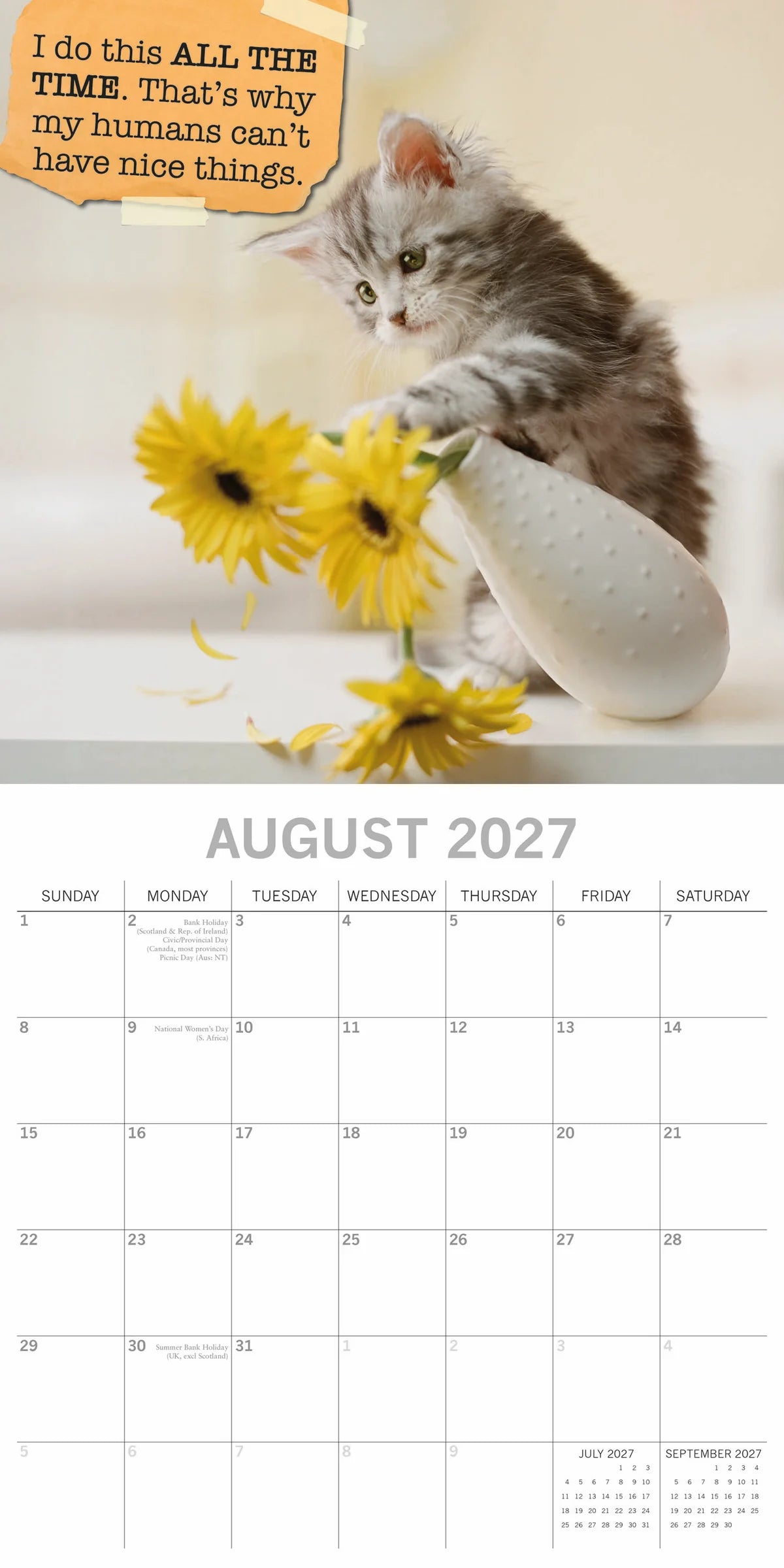 Cat Shaming 2027 Calendar - August 2027 page with fluffy grey kitten knocking yellow sunflowers off a vase with caption 'I do this ALL THE TIME. That's why my humans can't have nice things'