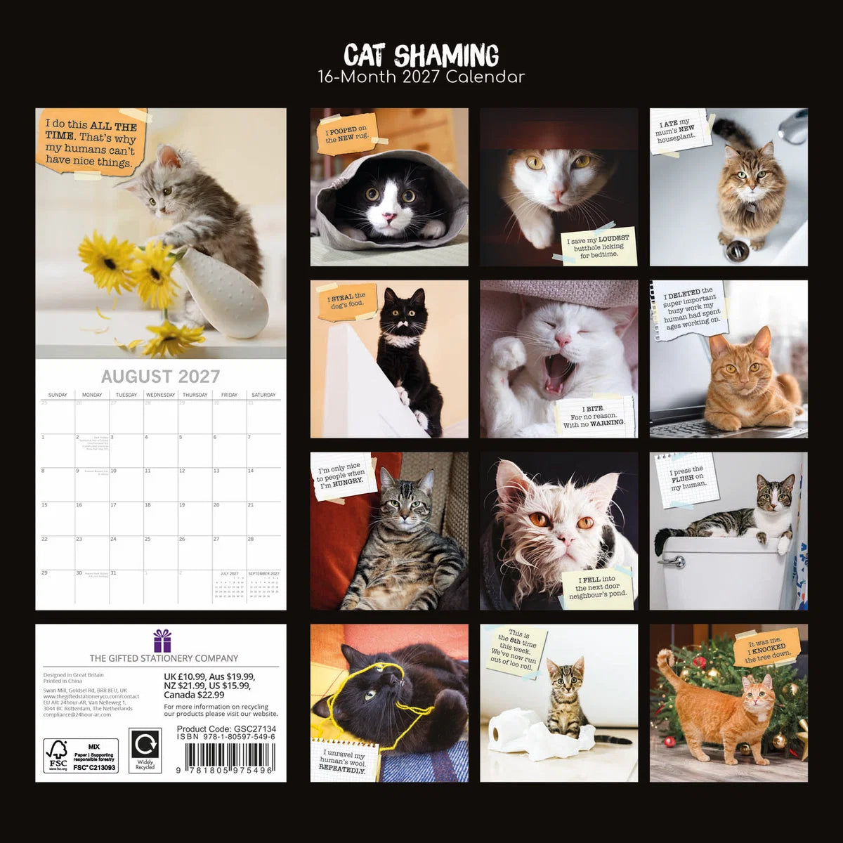 Cat Shaming 2027 Calendar - back cover on black background showing all 16 monthly cat shaming photos with confessions including pooping on rug, stealing dog food, biting for no reason, and knocking the Christmas tree down, product code GSC27134
