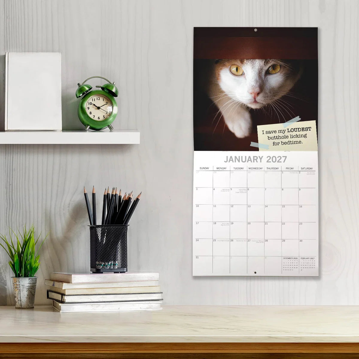 Cat Shaming 2027 Calendar - lifestyle shot on desk shelf showing January 2027 page with white cat peering down from dark background with caption 'I save my LOUDEST butthole licking for bedtime'