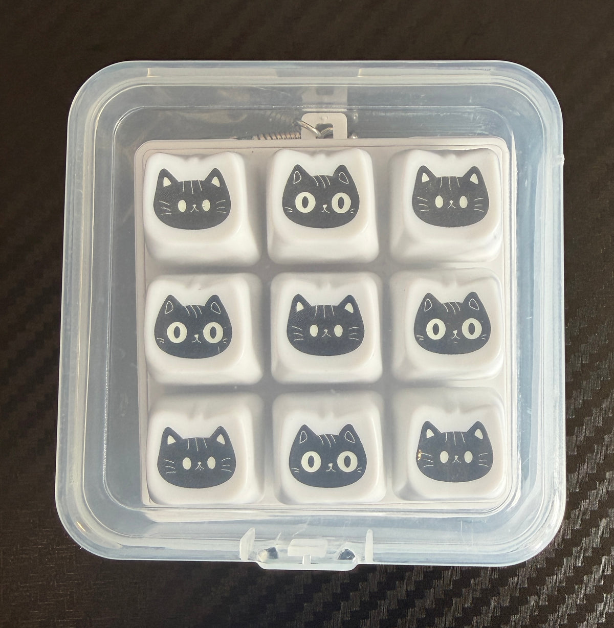 Colourful cat keyboard clicker in a clear storage case