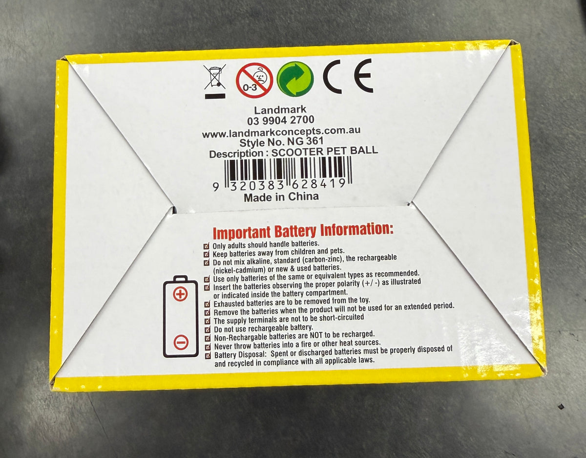 Scooter Pet Ball packaging base showing barcode and battery information
